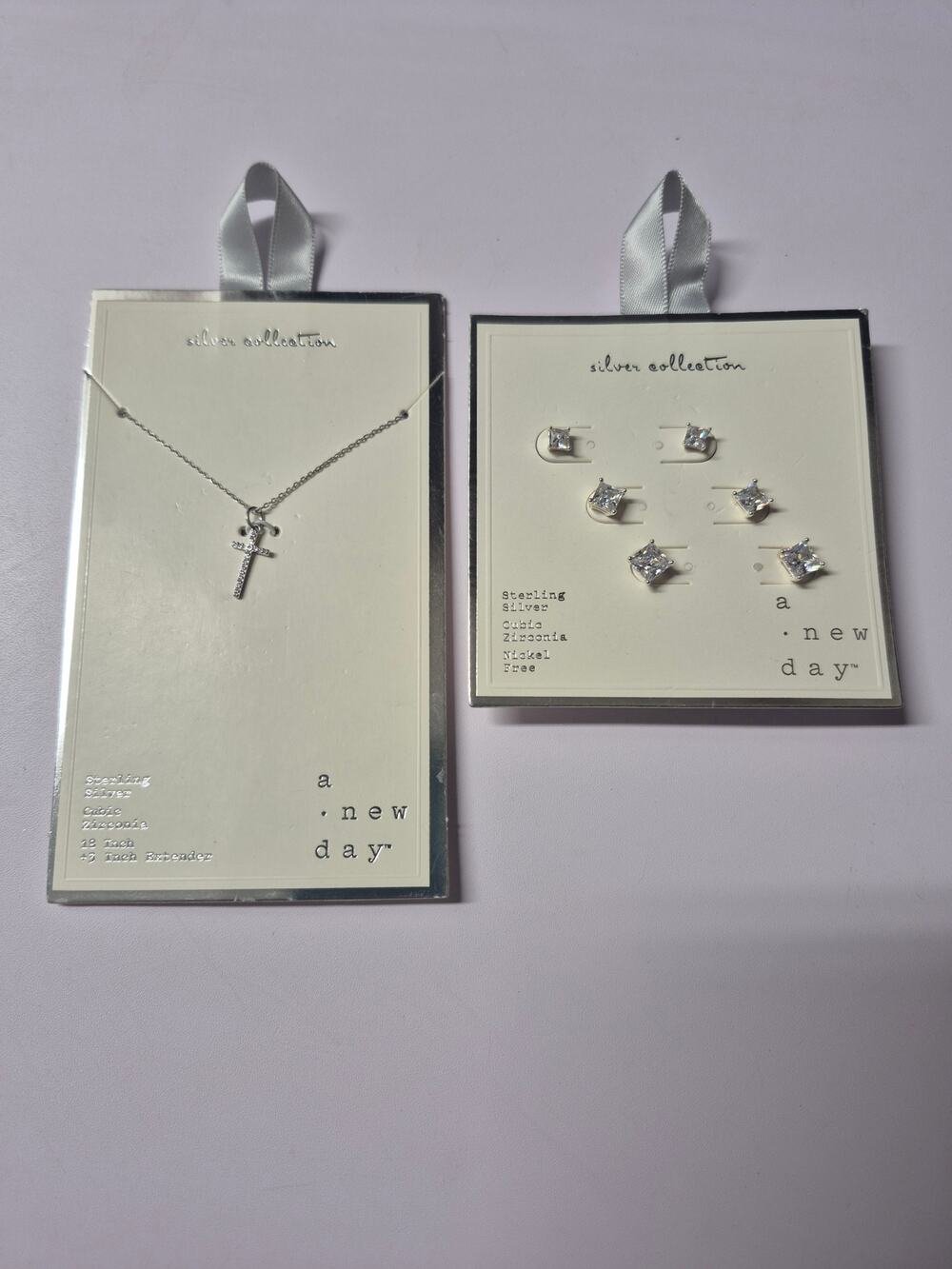 Sterling Silver Cross & 3 Piece Earring Bundle 21 in Necklace Square Cut Earring